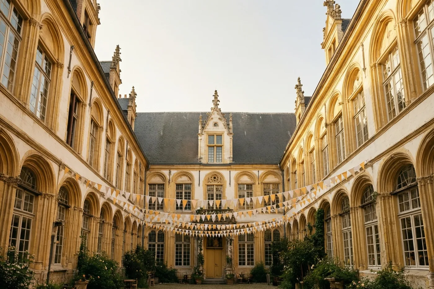 Gele en witte vlaggetjes hangen op een historische stenen binnenplaats met boogramen en een centrale deur in warm goudkleurig licht.