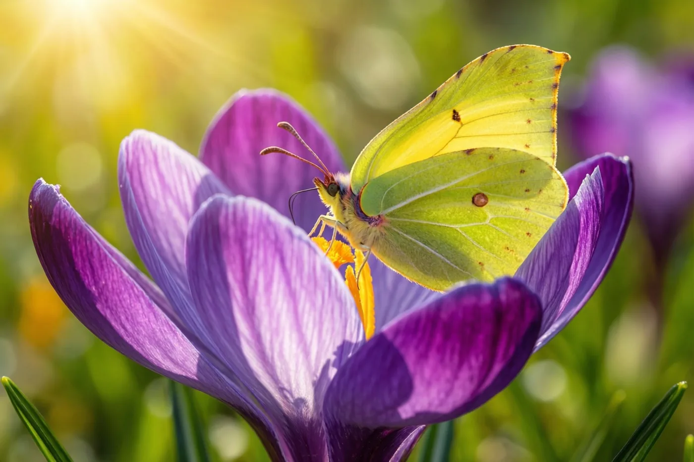 Een gele citroenvlinder zit op een open paarse krokus in warm zonlicht tegen een onscherpe groen-gele achtergrond.
