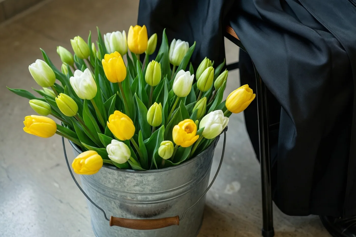 Een zinken emmer vol gele en witte tulpen staat op de vloer naast een stoel waarover een zwarte afstudeertoga hangt.