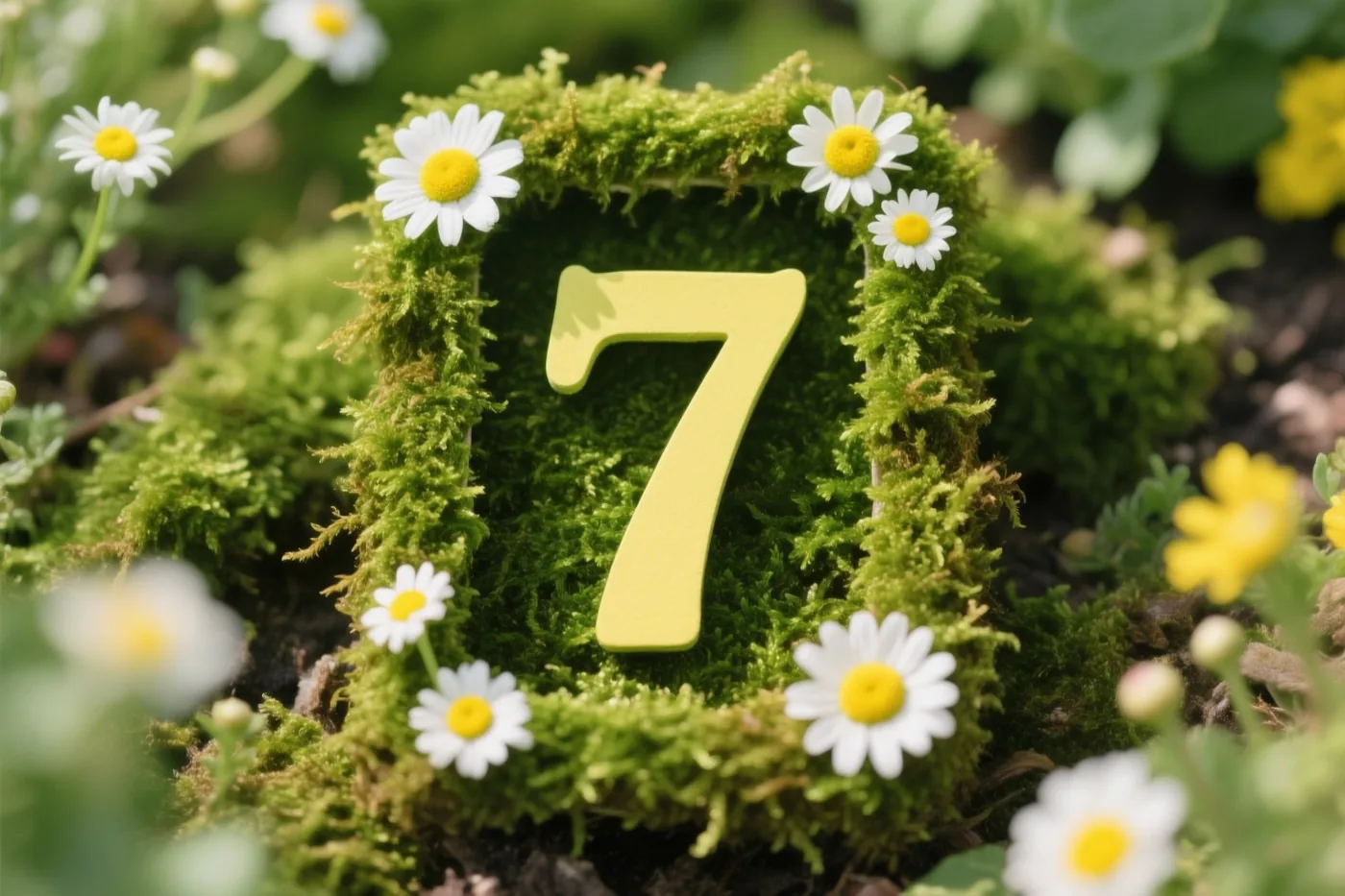 Een gele 7 staat midden in een vierkante lijst van groen mos met kleine witte madeliefjes in een rustieke tuin.