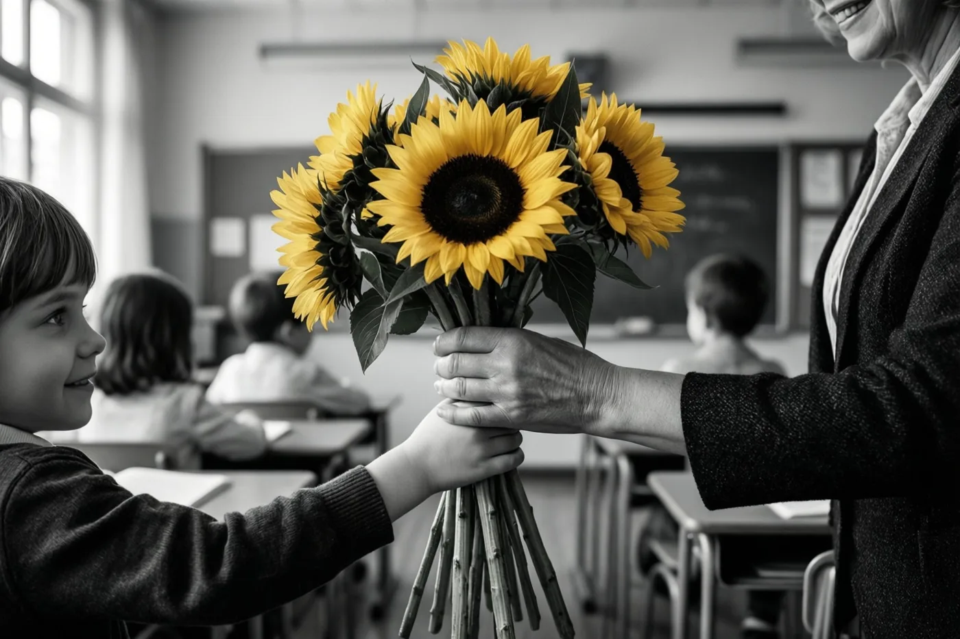 Kinderhanden geven een boeket felgele zonnebloemen aan de handen van een leerkracht in een klas, met de bloemen in kleur tegen een zwart-witte achtergrond.