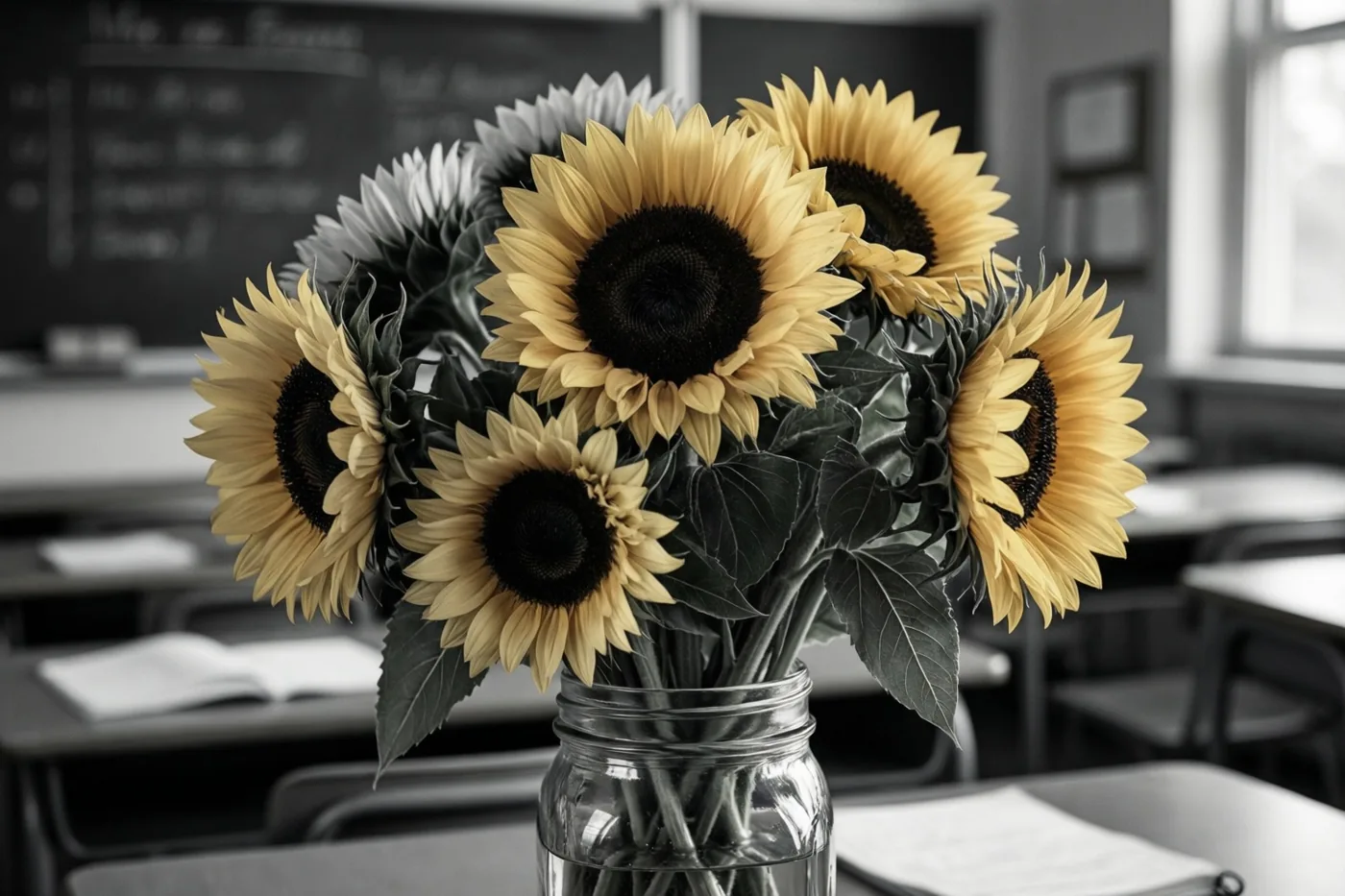 Gele zonnebloemen met donkere harten staan in een glazen pot op een leerkrachtenbureau, terwijl de rest van de klas in zwart-wit is weergegeven.