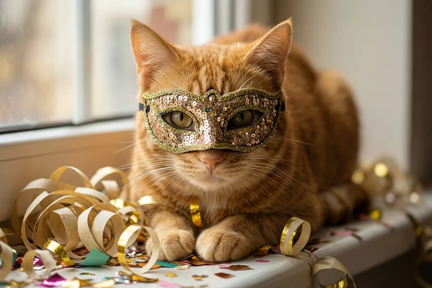 Een rosse kat met een paillettenmasker zit op een vensterbank tussen papieren slingers en confetti in warm goudkleurig en oranje licht.