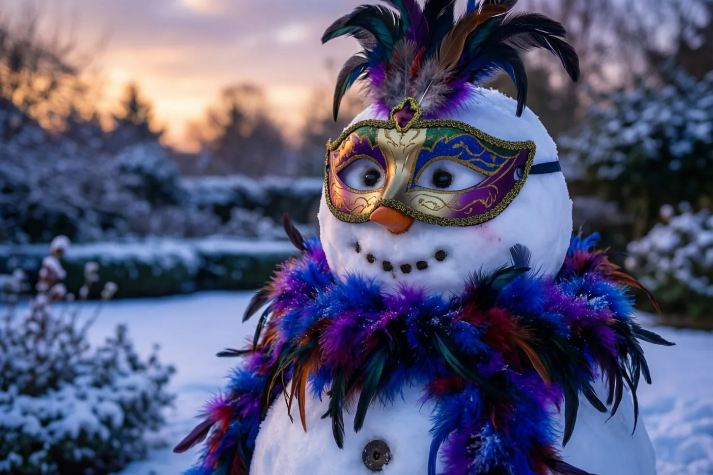 Een sneeuwman met een kleurrijk masker en een verenboa staat bij schemering in een besneeuwde tuin, met bomen en een warme zonsondergang op de achtergrond.