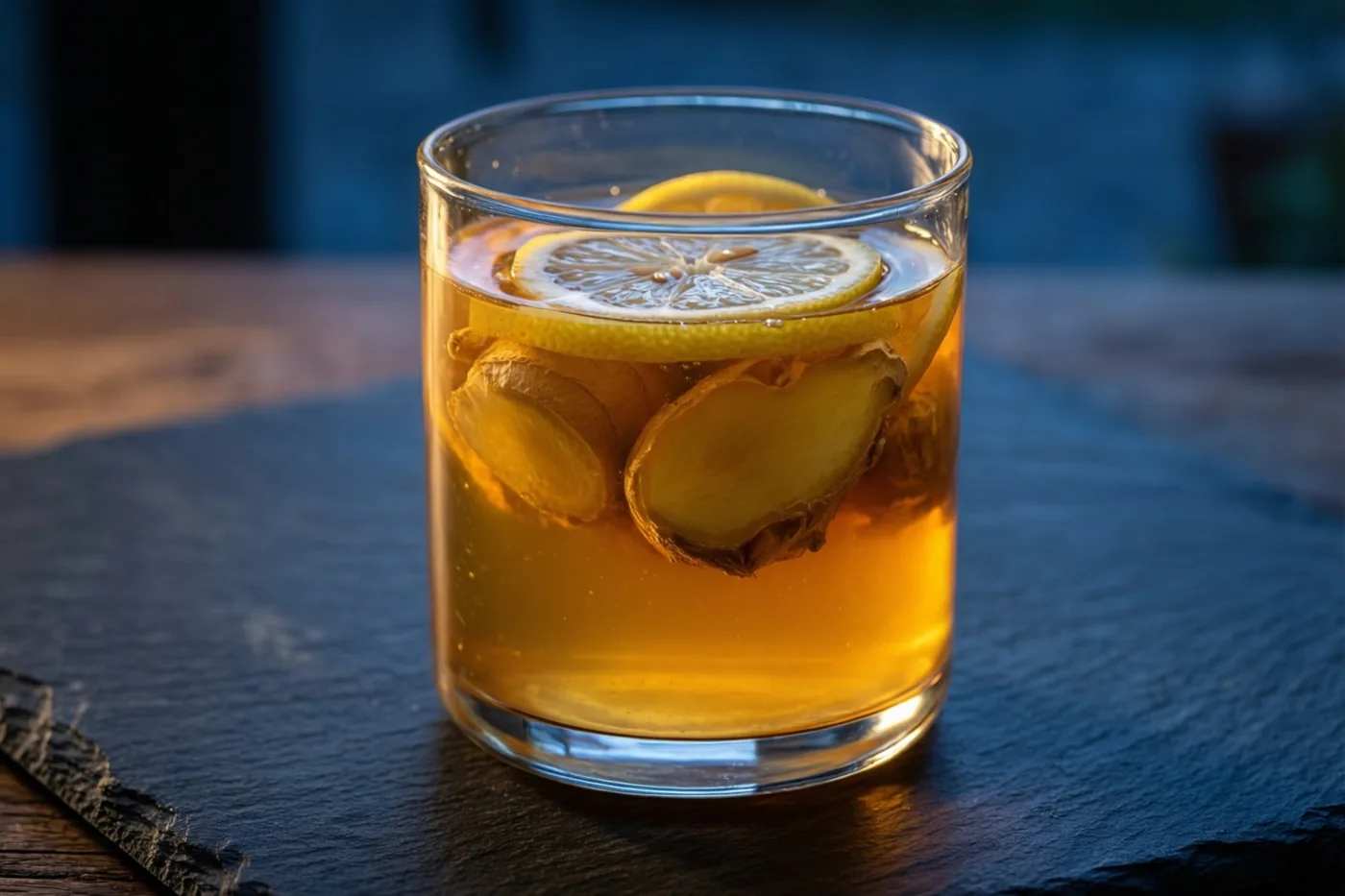 Een glas gember-citroeninfusie met honing staat op een donkere leistenen ondergrond in zacht zijlicht.