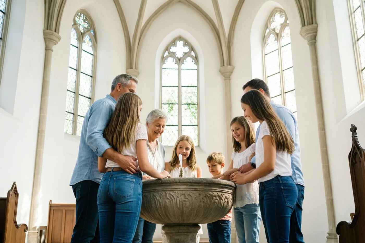 Een familie met meerdere generaties staat dicht bij elkaar rond een stenen doopvont in een zonnige kerk met gotische ramen en gewelfde plafonds.