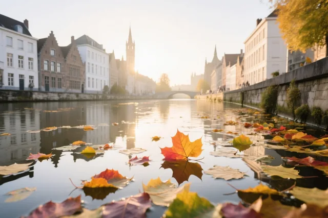 Kleurrijke herfstbladeren drijven op een rustig kanaal in Gent, met historische gebouwen en een brug onder een zachte gouden zonsopgang.