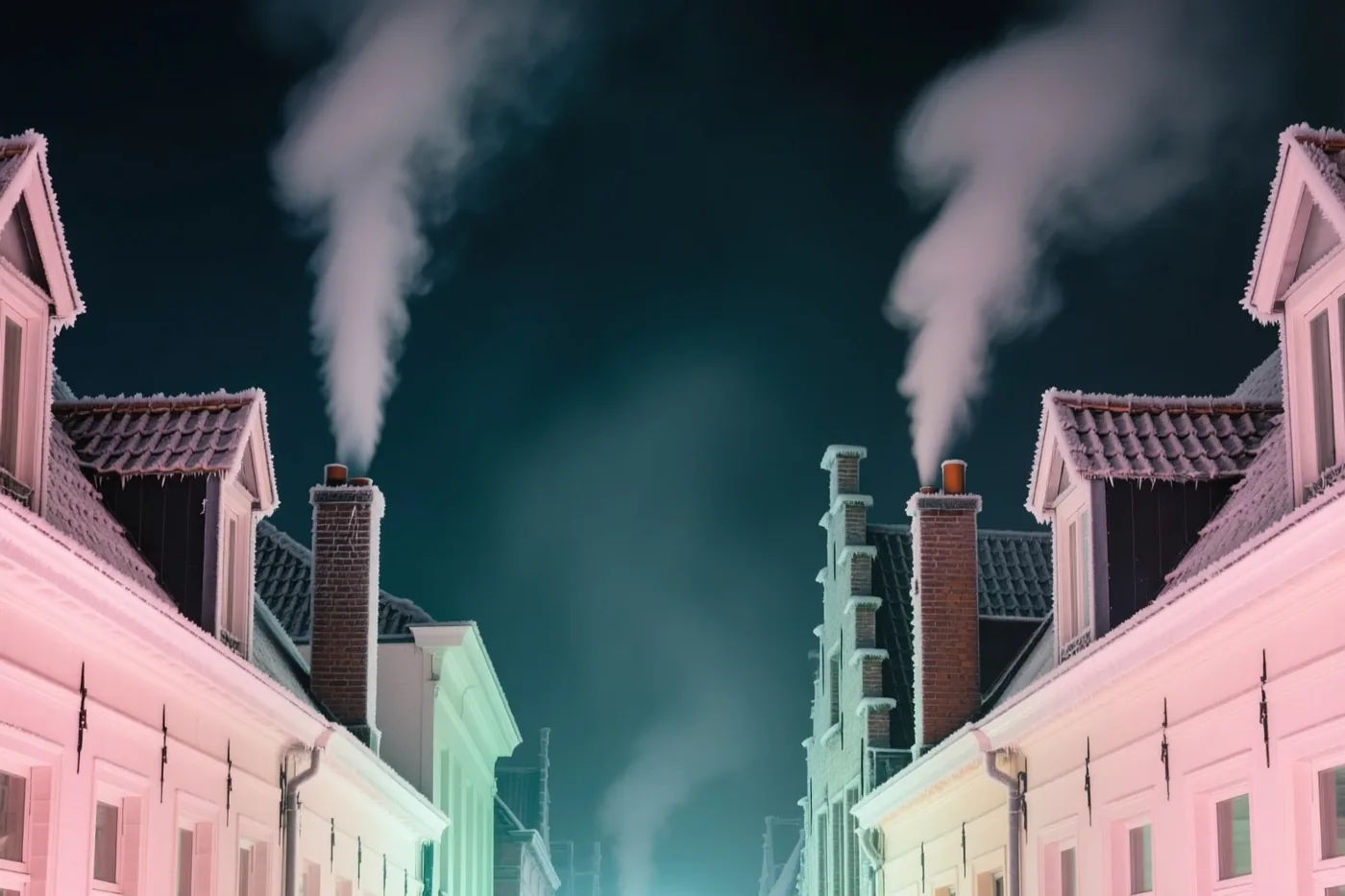 Berijpte Gentse daken en schoorstenen met opstijgende rook zijn 's nachts te zien in gestileerd roze en blauwgroen licht.