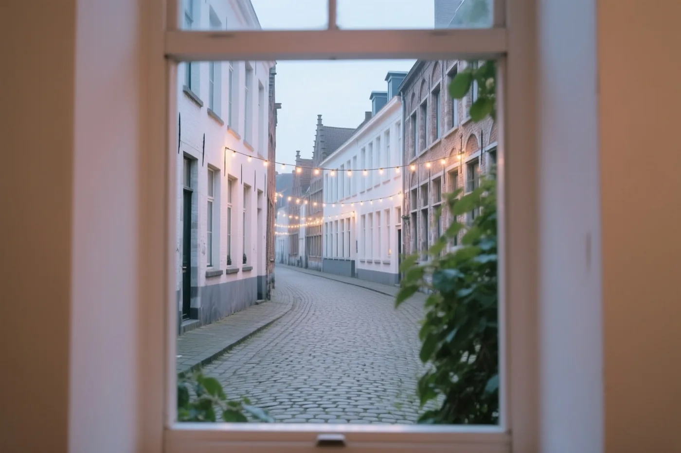 Door een raamkozijn is een Gentse kasseistraat te zien met oude gebouwen en warme lichtslingers ertussen, in zacht koel licht.
