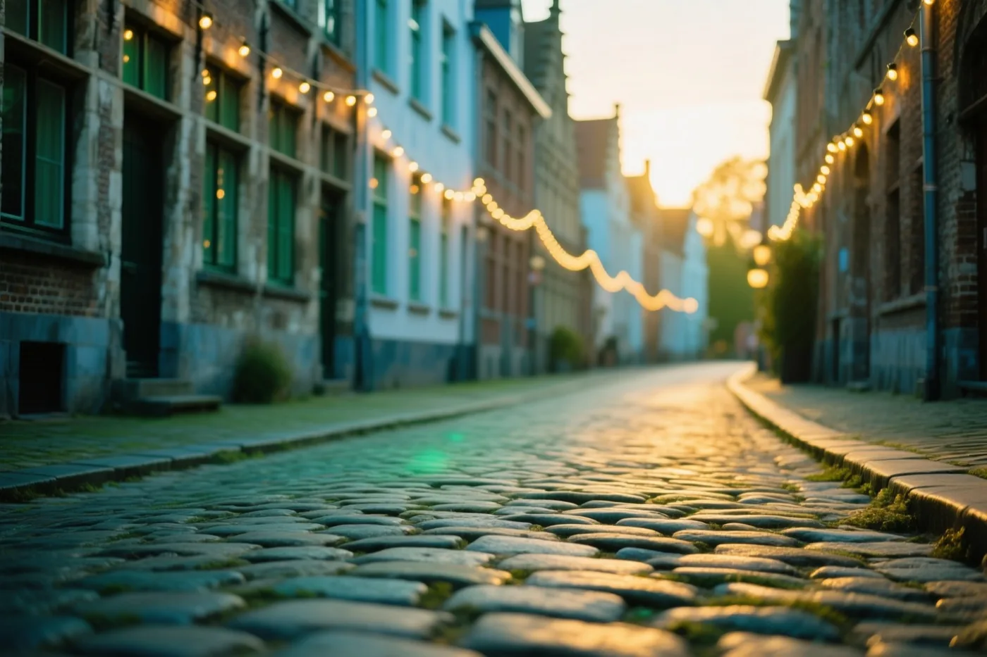 Een laag standpunt toont een Gentse kasseistraat tussen oude bakstenen en natuurstenen gebouwen, met lichtslingers erboven in gouden zonsonderganglicht.