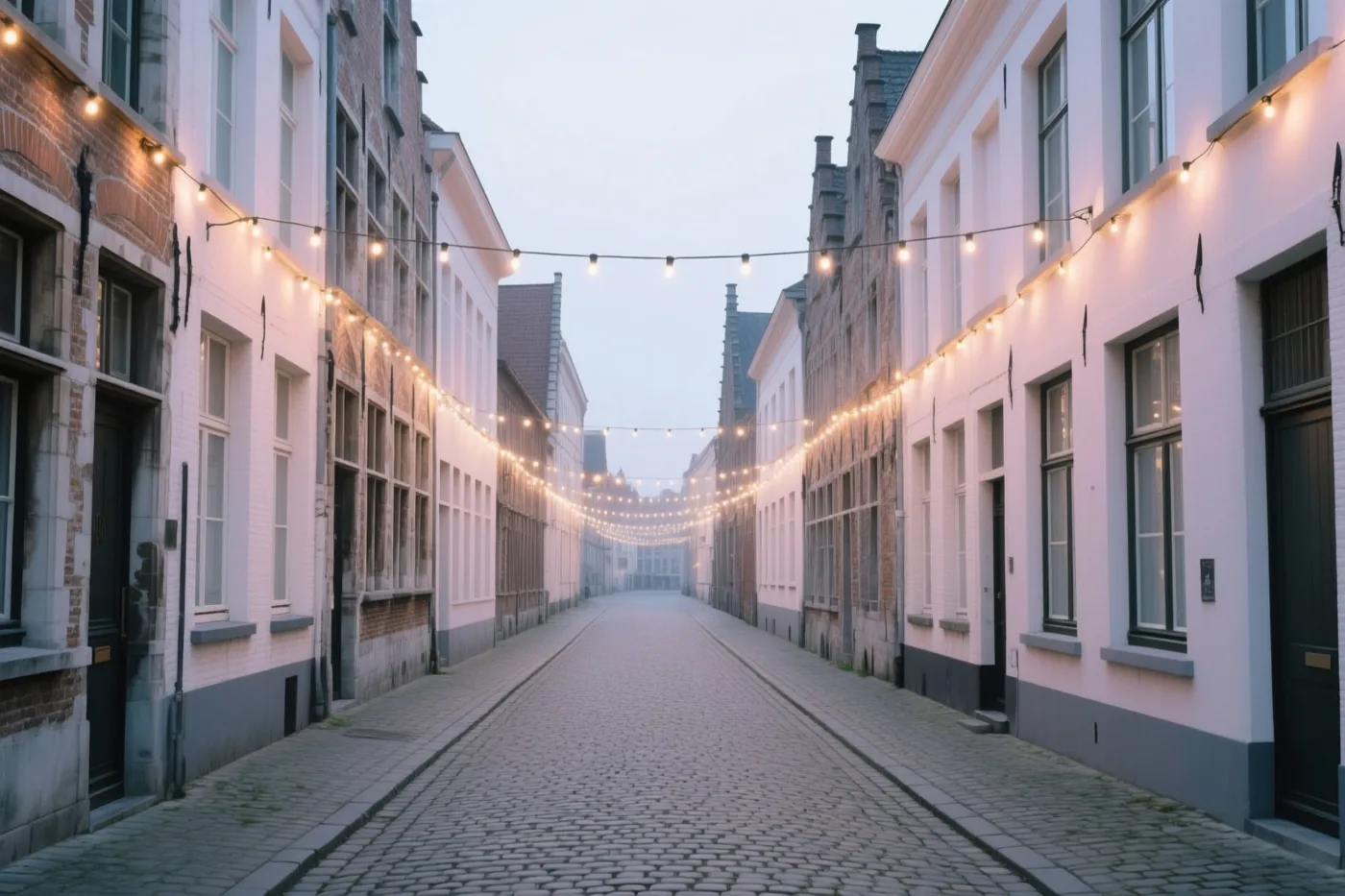 Een smalle kasseistraat in Gent ligt tussen oude gebouwen met warme lichtslingers langs de gevels en over de straat, in koel ochtendlicht.