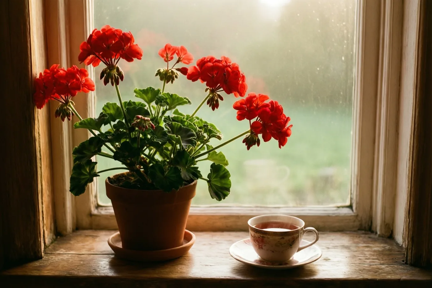 Een rode geranium in een pot en een kop thee staan op een houten vensterbank in zacht ochtendlicht met warme bruine en groene tinten.