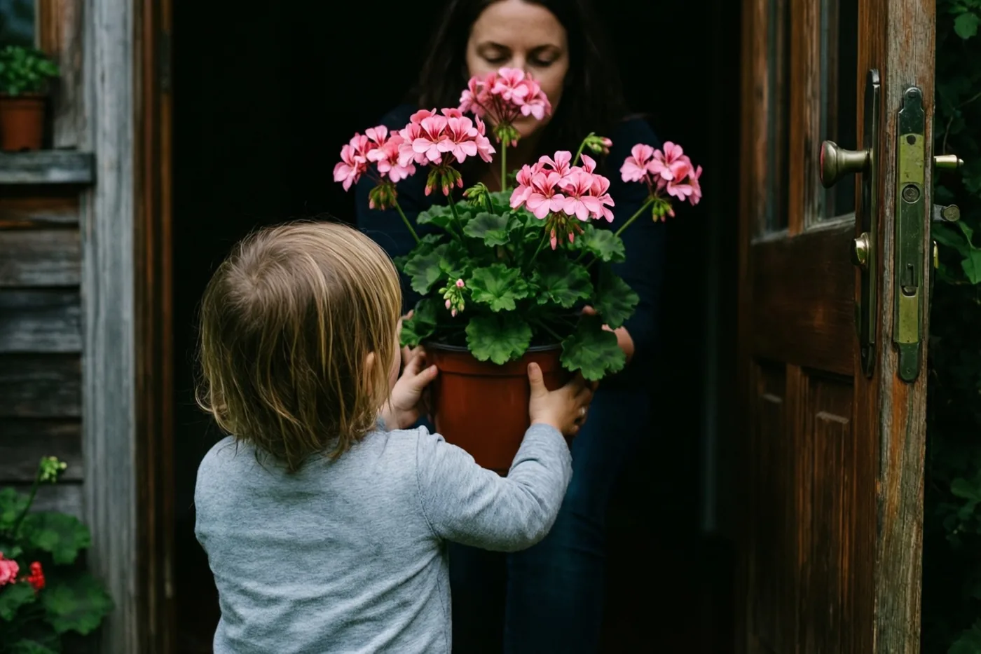 Een blond kind, van achteren gezien, houdt een pot roze geraniums omhoog naar zijn moeder bij een houten deur.