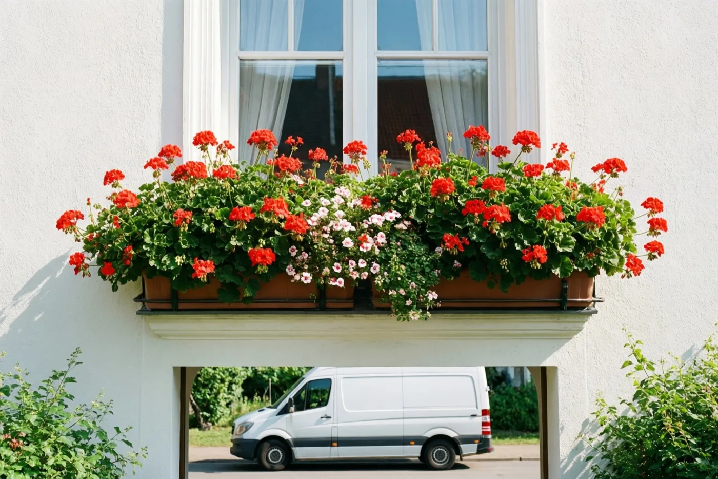 Onder een wit raam van een wit bepleisterd rijhuis hangt een bloembak met rode en roze geraniums, met een witte verhuiswagen zichtbaar door een boogdoorgang.