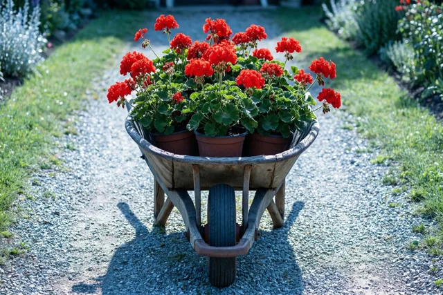Een oude houten kruiwagen met rode geraniums in potten staat op een grindpad in fel zonlicht, met gras en tuinplanten op de achtergrond.