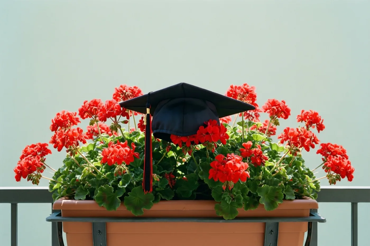 Een zwarte afstudeerhoed met een rood kwastje ligt op een terracotta balkonbak vol rode geraniums, tegen een lichtgroene lucht.