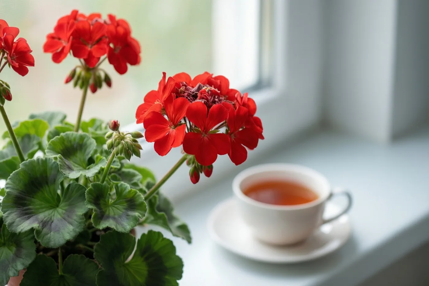 Rode geraniums met groene bladeren staan naast een wit kopje thee op een vensterbank in zacht ochtendlicht.