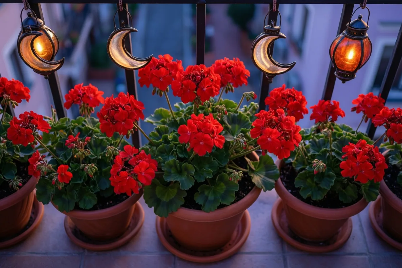 Potten met rode geraniums staan op een betegeld balkon, verlicht door hangende maanlantaarns in warm goudkleurig licht.