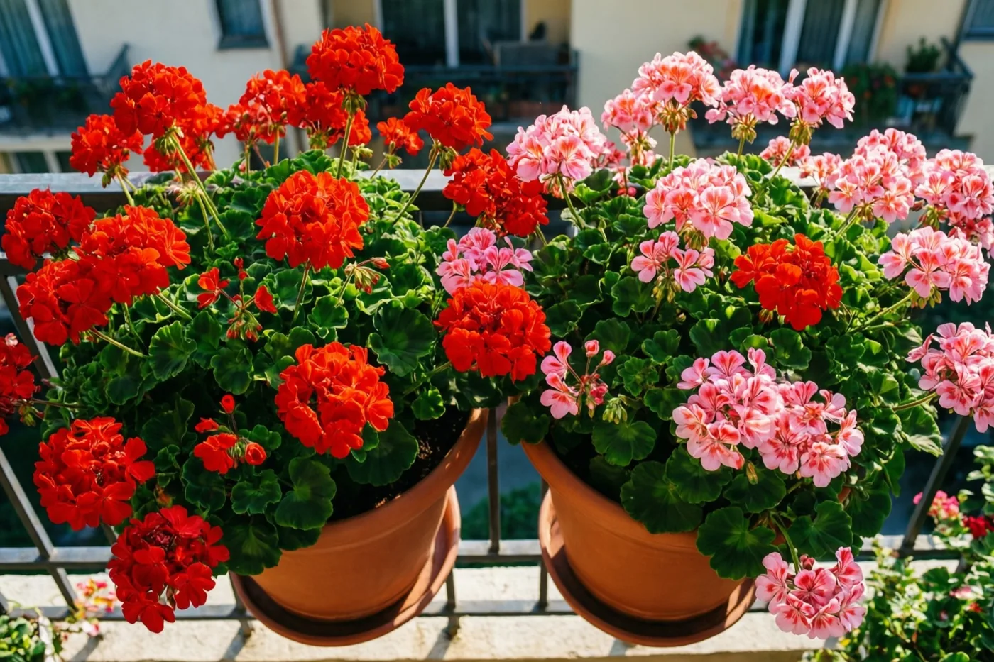 Twee geraniums in potten met rode en roze bloemen en volle groene bladeren staan naast elkaar op een balkonreling in het zonlicht.