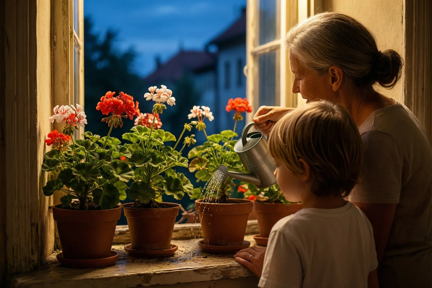 Een oma en een jong kind geven geraniums in potten water op een verweerde vensterbank, met warm licht binnen en blauwe schemering buiten.