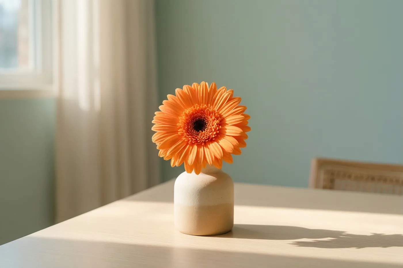 Een oranje gerbera in een klein beige vaasje staat op een licht houten bureau in zonlicht van een raam, met zachte pasteltinten op de muur.