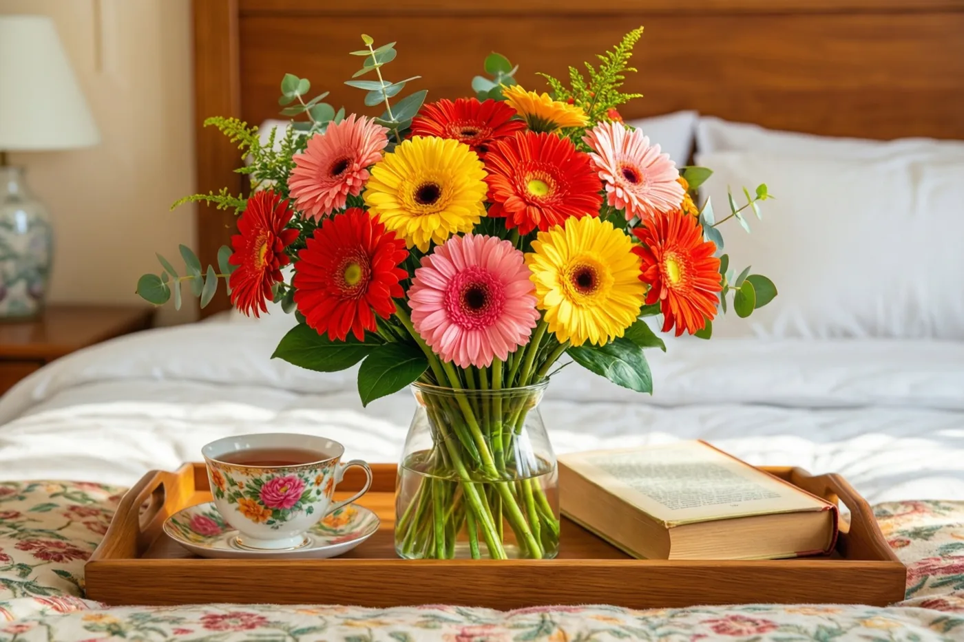 Een glazen vaas met rode, gele en roze gerbera's staat naast een theekop met bloemenmotief en een boek op een houten dienblad op een bed met een houten hoofdbord en een sprei met patroon.