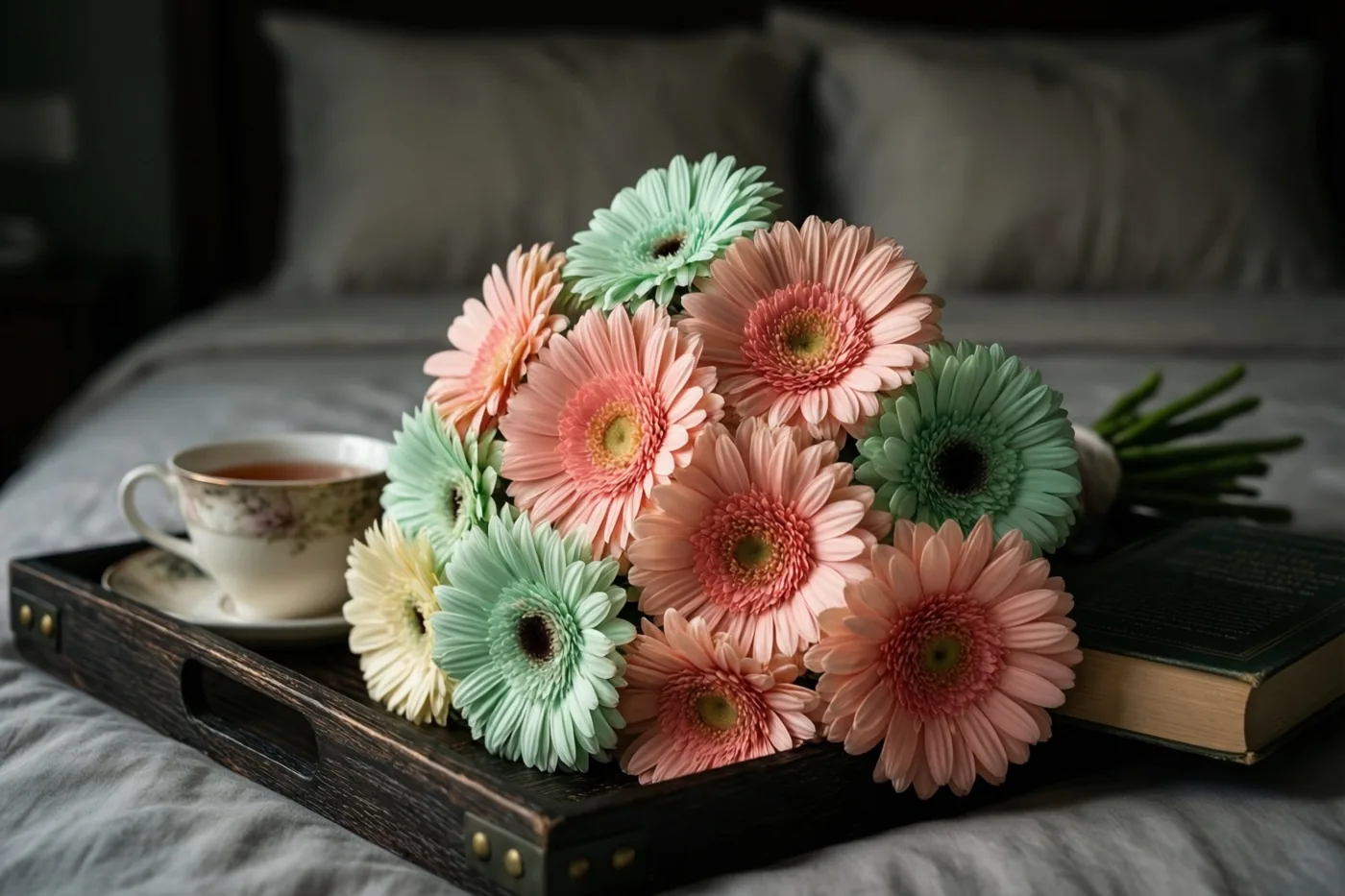 Een houten dienblad met kleurrijke gerbera's, een theekop en een boek staat op een bed in zacht licht met pastelroze, mintgroene en crèmekleurige tinten.