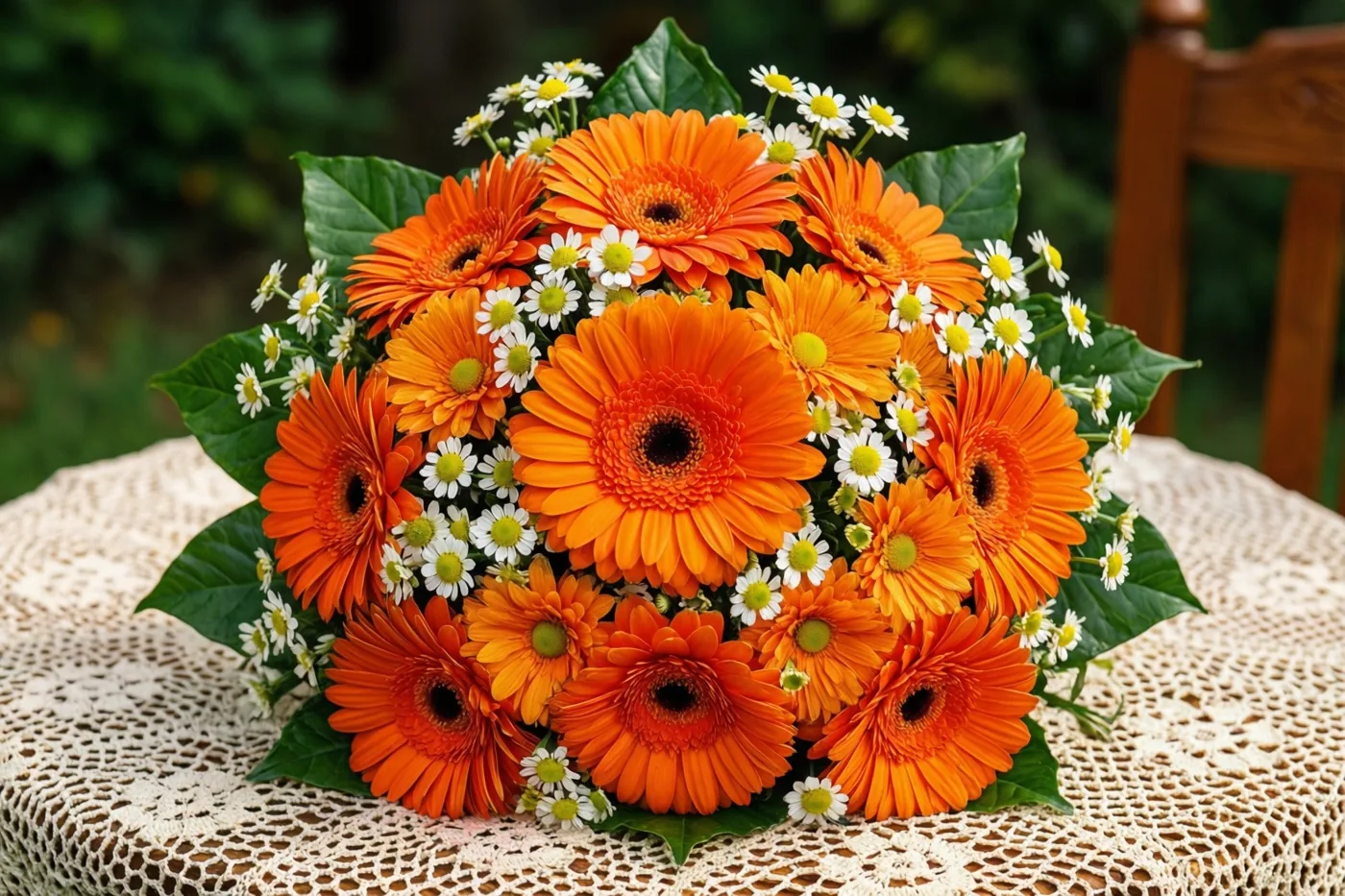 Een boeket oranje gerbera's en witte margrieten ligt buiten op een crèmekleurig gehaakt tafelkleed, met groen gebladerte en een deels zichtbare houten stoel op de achtergrond.
