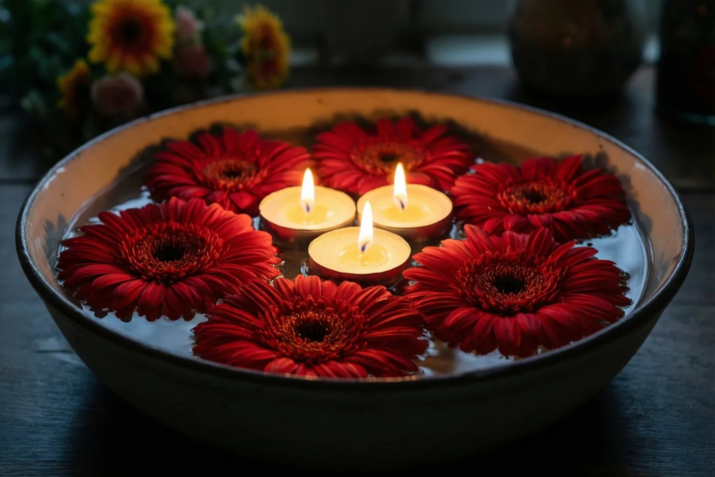 Een ondiepe keramieken schaal met water, rode gerbera's en drie brandende theelichtjes staat op een donker houten oppervlak.