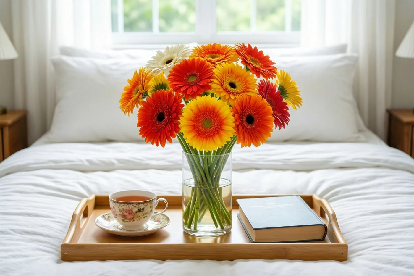 Een houten dienblad met een kleurrijk boeket gerbera's, een theekop en een boek staat op een witte sprei in een lichte slaapkamer met een raam op de achtergrond.