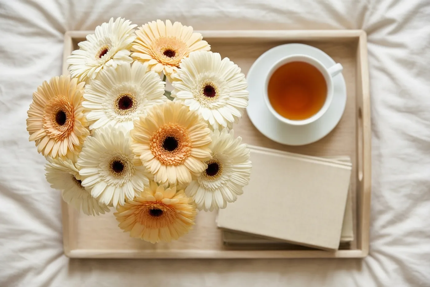 Een houten dienblad met witte en perzikkleurige gerbera's, een kop thee en een stapel blanco notitieboekjes staat op een gekreukte witte sprei in zacht daglicht.