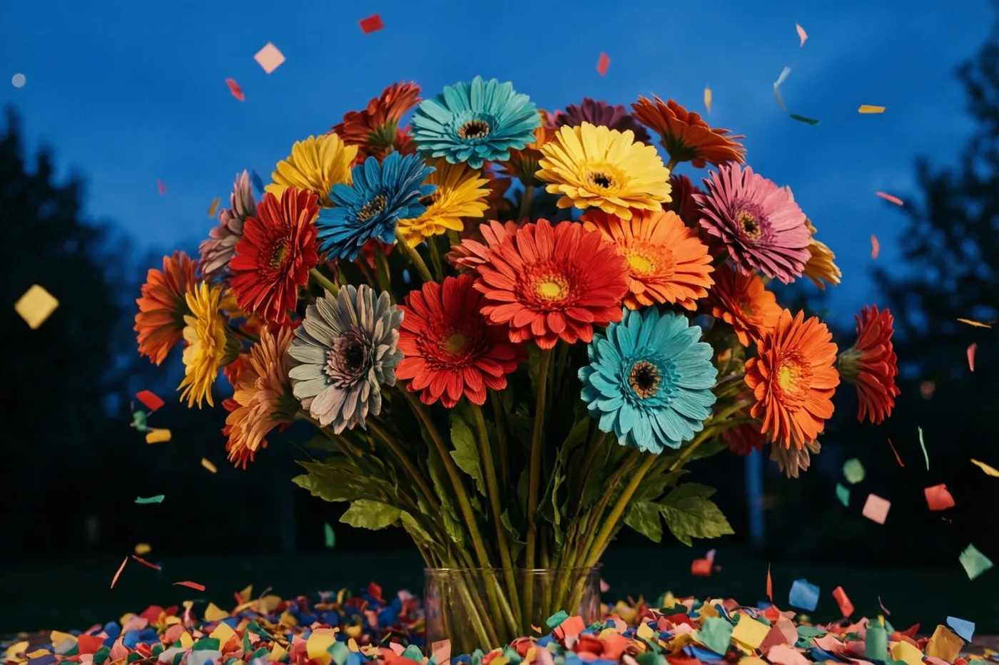 Een kleurrijk boeket gerbera's in een doorzichtige glazen vaas staat tussen vallende en verspreide confetti tegen een donkerblauwe schemerachtergrond.