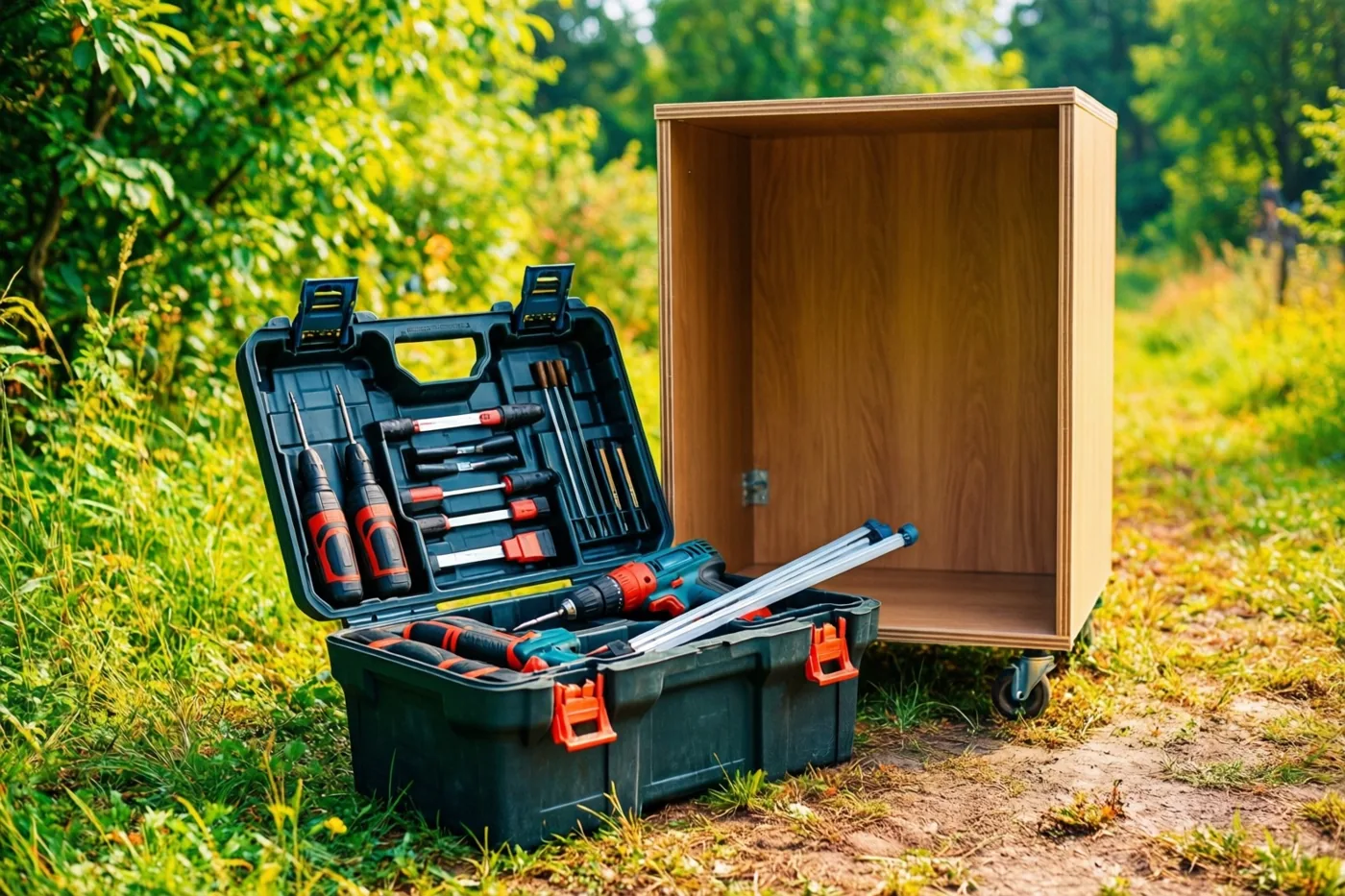 Een open zwarte gereedschapskist met gereedschap en een boormachine staat naast een lege houten bouwpakketkast op een zonnig graspad.