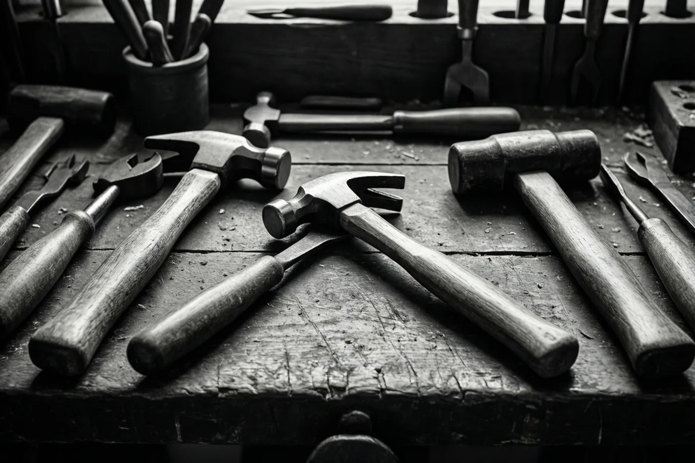 Verschillende oude werktuigen met houten handvatten liggen op een versleten houten werkbank met barsten, weergegeven in contrastrijk zwart-wit.