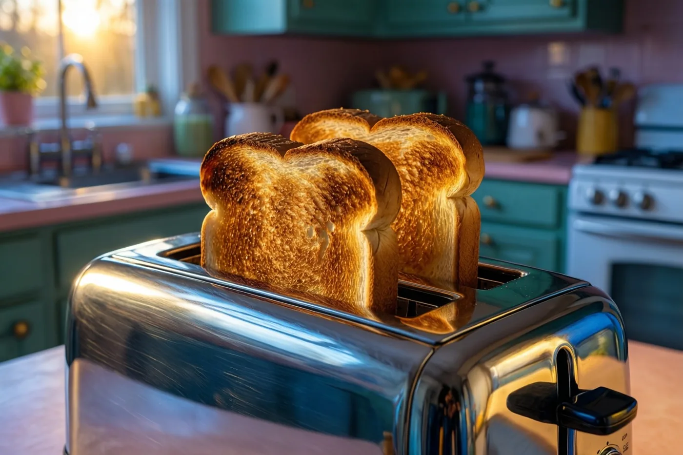 Een verchroomde retrobroodrooster werpt twee geroosterde sneetjes brood uit op een pastelkleurig keukenblad in warm ochtendlicht door een raam.