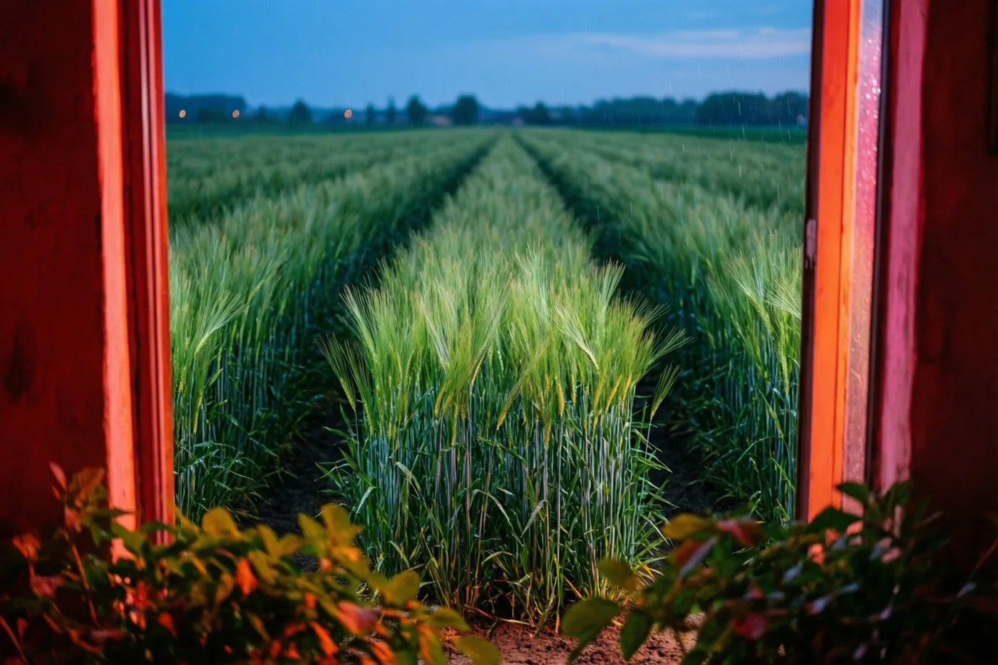 Door een rood houten raam met regendruppels op het glas is bij schemering een veld met rijen jonge gerst te zien onder een blauwe hemel met lichtjes in de verte.