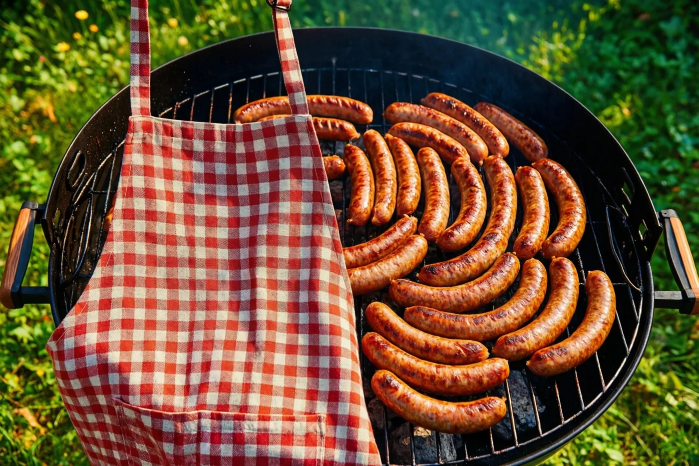 Een rood-wit geruite schort hangt over een zwarte barbecue vol gegrilde worsten, met groen gras op de achtergrond.