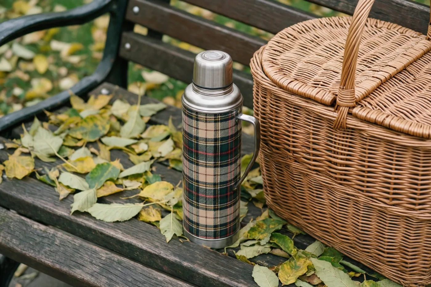 Een oude geruite thermos en een rieten picknickmand staan op een houten bank met gevallen herfstbladeren in een park met gedempte aardetinten.