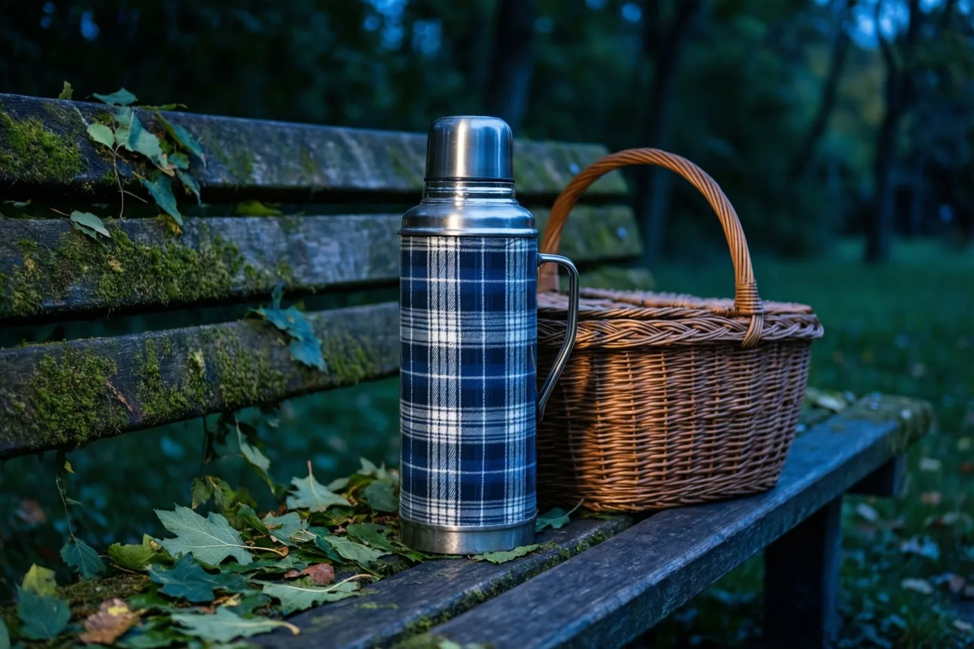 Een oude geruite thermos en een rieten mand staan op een bemoste houten bank vol bladeren in een bos met koele blauwe en groene tinten.