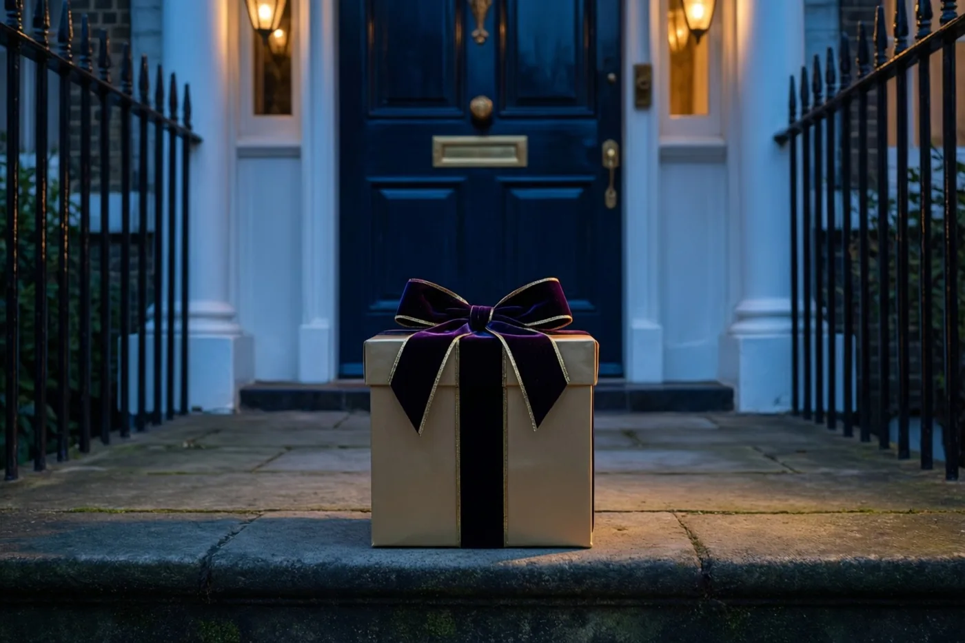 Een geschenkdoos met een paarse fluwelen strik staat bij schemering op de stenen trede van een elegante herenwoning, in warm licht van de deur en wandlampen.