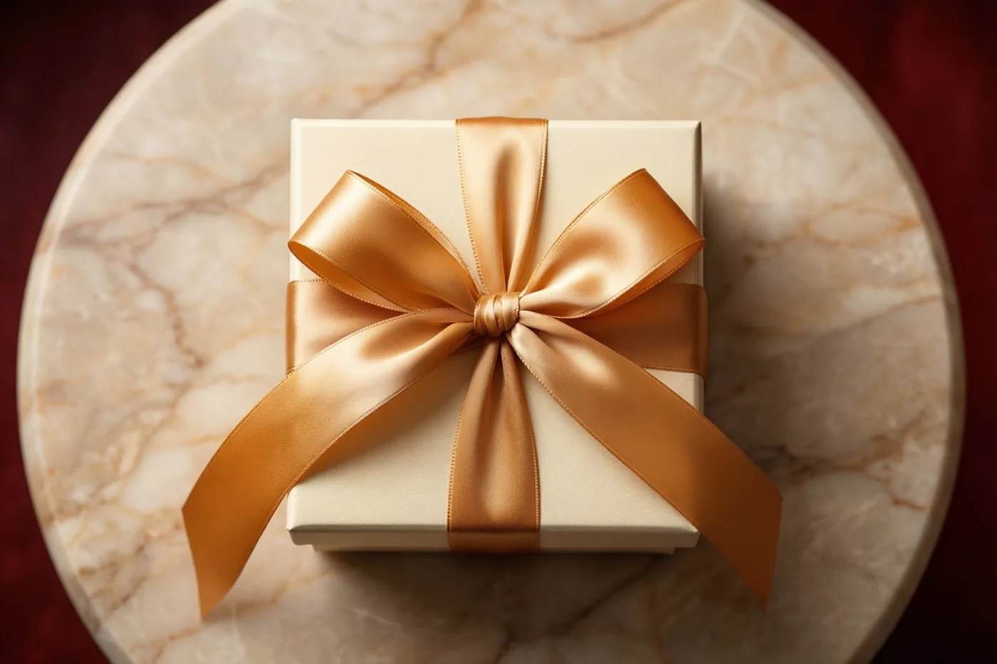 Een crèmekleurige geschenkdoos met een gouden zijden strik staat midden op een ronde marmeren tafel in warme tinten.