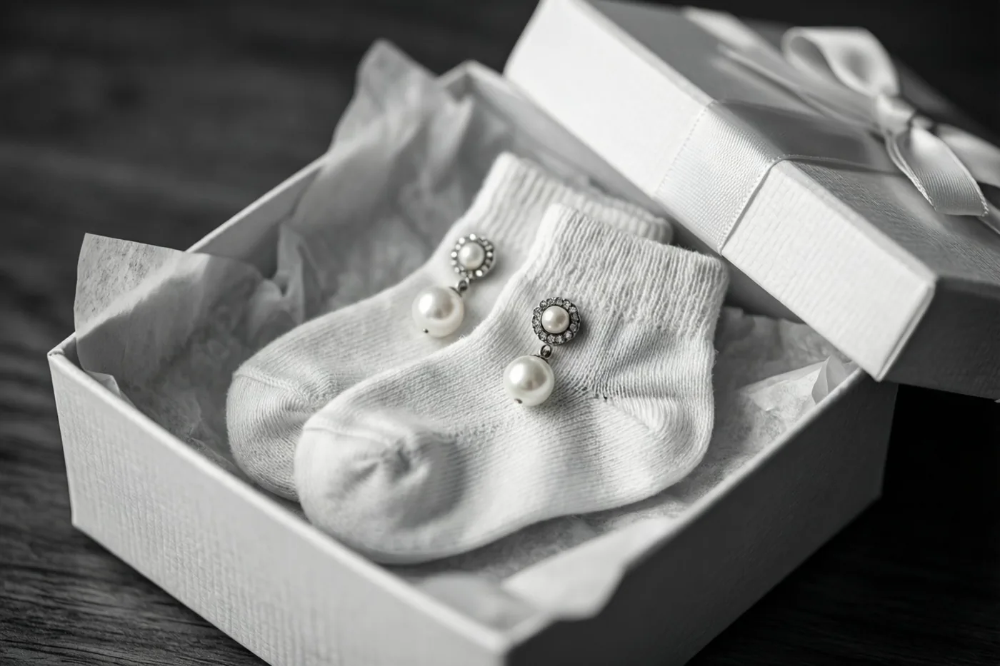 Een monochroom beeld toont witte babysokjes en pareloorbellen op zijdepapier in een open witte geschenkdoos.