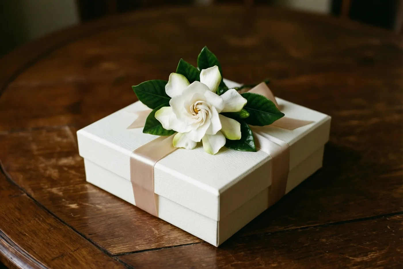 Een witte geschenkdoos met een satijnen lint, één gardenia en groene bladeren staat op een donkere houten tafel in zacht natuurlijk licht.