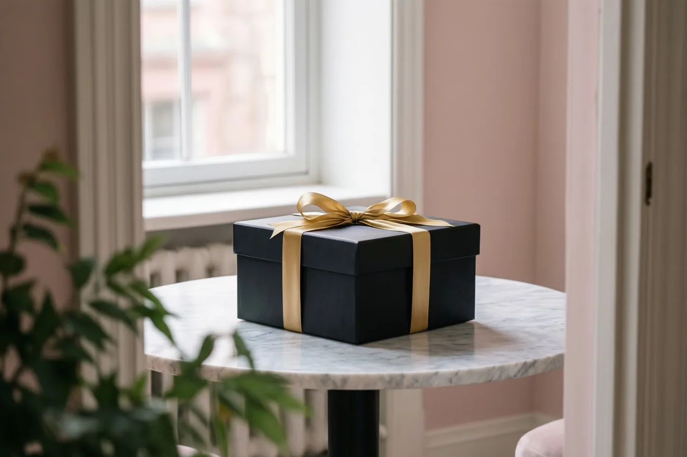 Een zwarte geschenkdoos met een gouden lint staat midden op een ronde marmeren tafel in een zacht verlichte kamer met roze muren en een raam.