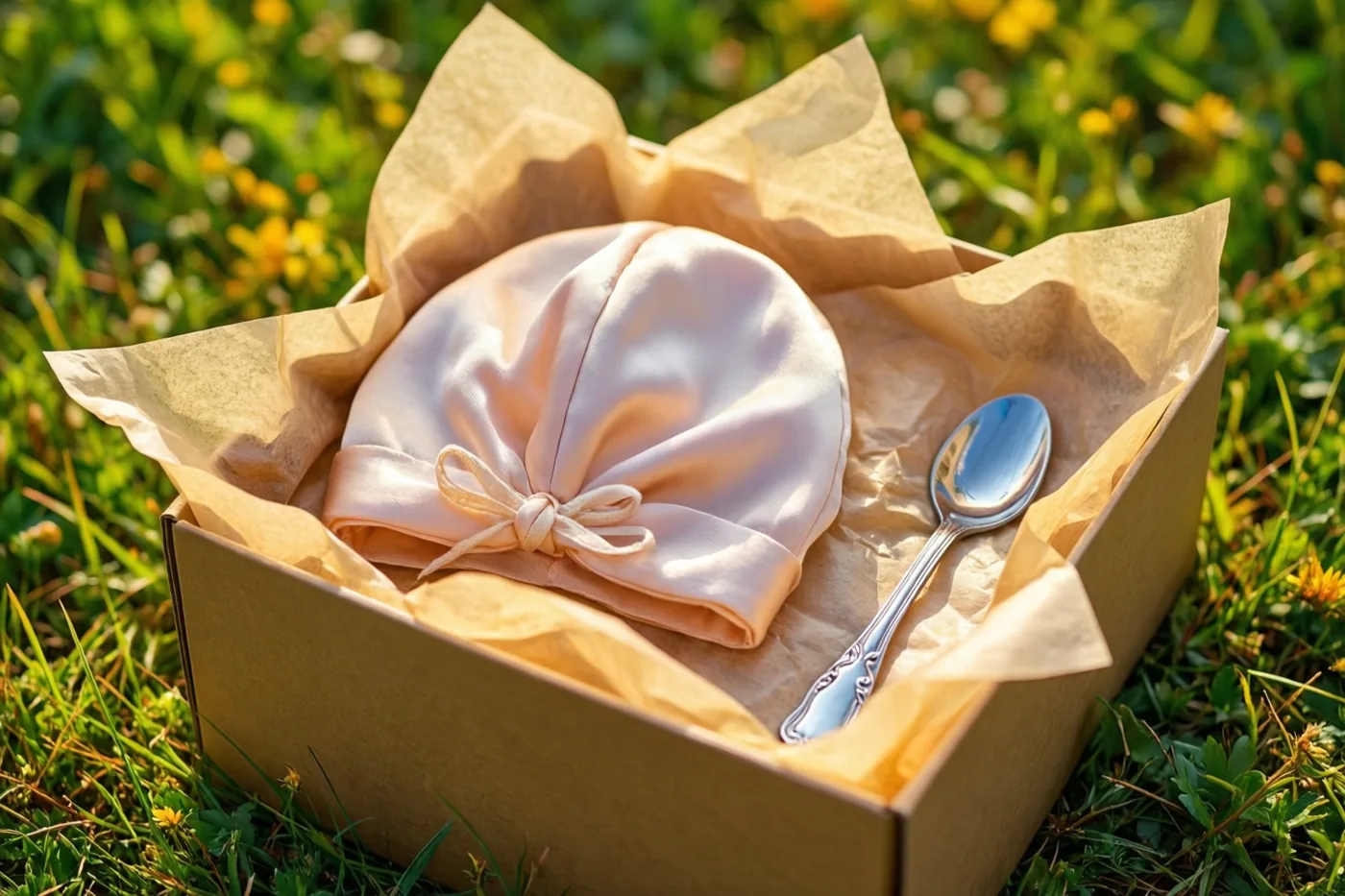 Een geschenkdoos met een zijden babymutsje en een zilveren lepel in zijdepapier staat in zonovergoten gras met gele bloemen.