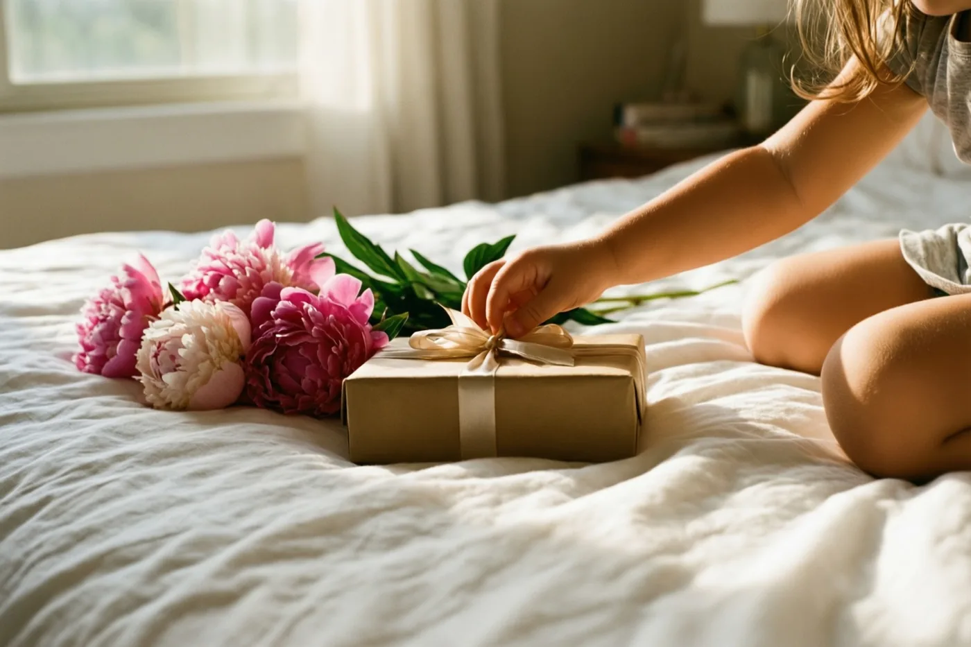 Een kinderhand zet een klein bruin geschenkdoosje op een bed met wit linnen naast een boeket roze en witte pioenrozen in zacht ochtendlicht.