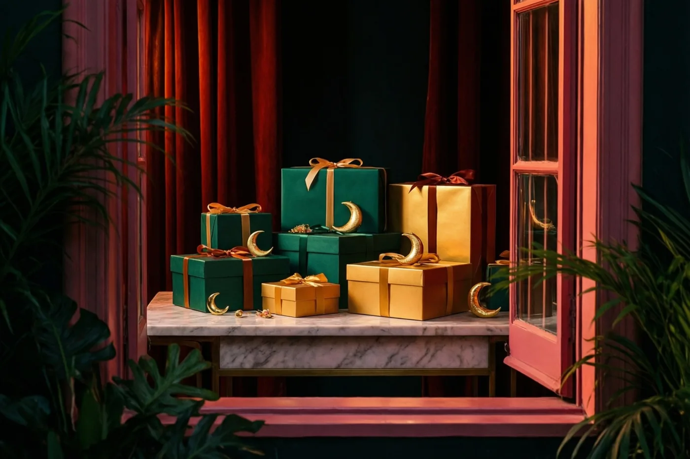 Smaragdgroene en gouden geschenkdozen met kleine gouden maansikkels staan op een marmeren sidetable bij een raam met rode gordijnen en groene planten aan weerszijden.