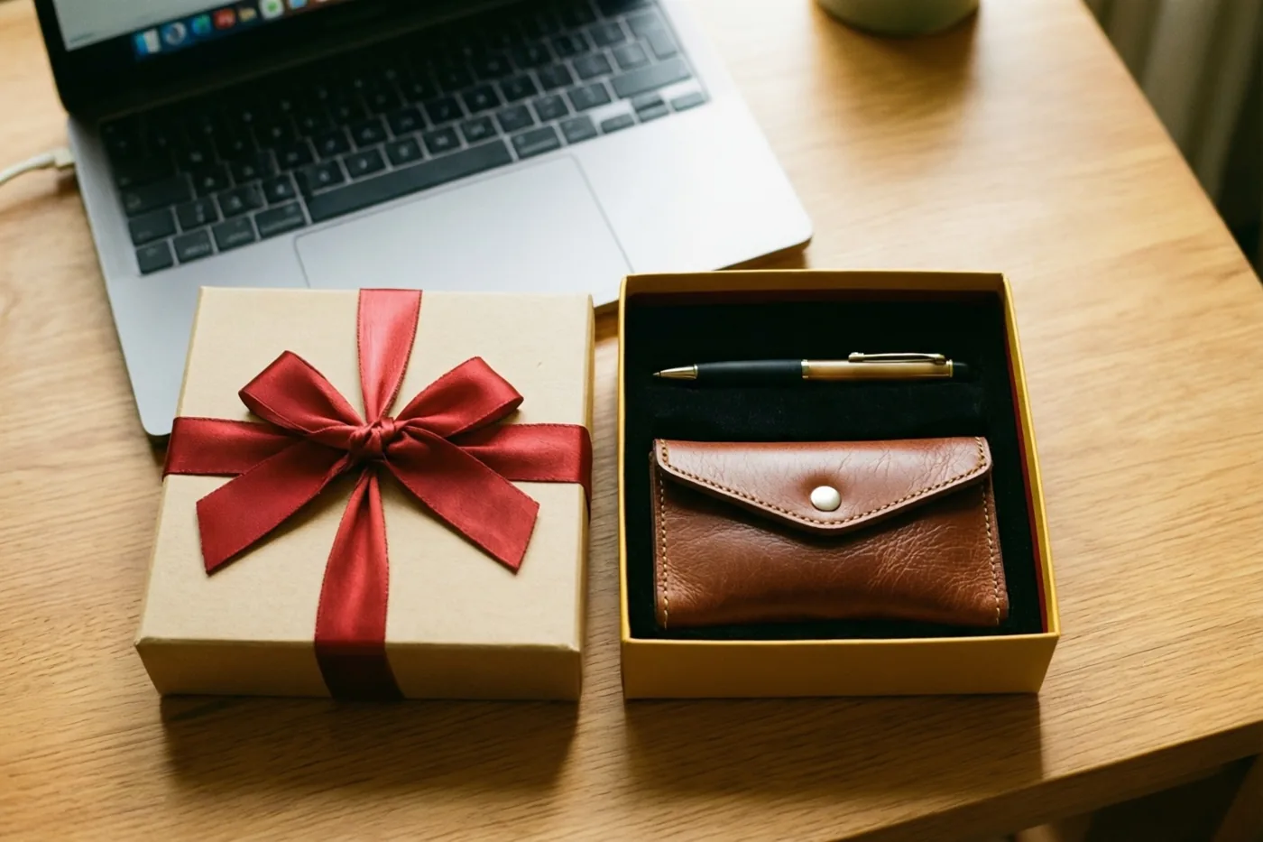 Op een houten bureau staan een geschenkdoos met een rood lint en een open doos met een pen en een leren sleuteletui naast een zilverkleurige laptop, in warm licht.