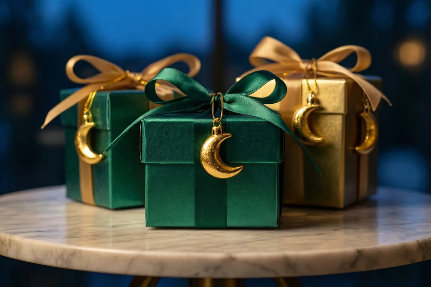 Twee smaragdgroene geschenkdozen en één gouden geschenkdoos staan op een marmeren tafel, elk met een lint en een klein gouden maansikkeltje, tegen een zacht vervaagde donkerblauwe achtergrond.