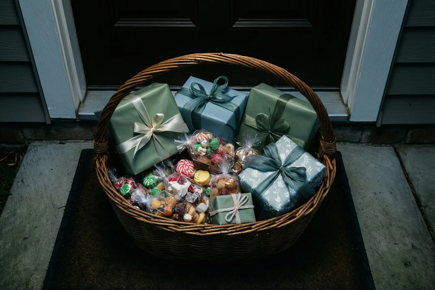 Een rieten mand met ingepakte cadeaus en zoetigheden staat op een donkere deurmat bij de buren, voor een donkere deur en grijze gevelbekleding.